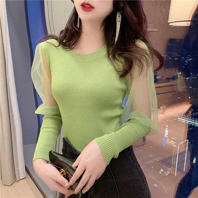 

Mesh Full Lantern Sleeve Knitted Sweaters Crop Tops Girls O-neck Sweet Stretchy Knit Sweater Pullovers For Women Real Photos, Black
