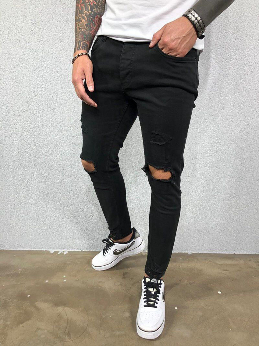 High-quality Jeans European-style spring and summer men's ripped stretch-foot torn trousers support mixed batch