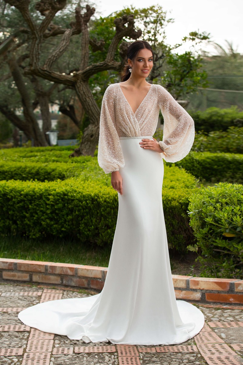 bohemian satin mermaid wedding dresses long sleeve beading top sheer v neck sexy wedding dress sequined bling bling bridal gowns