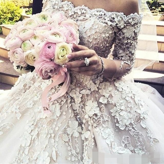 D Floral Applique Wedding Dresses Embroidery Crystal Beaded Elegant Off The Shoulder Long Sleeves Cathedral Train Vestido De Novia