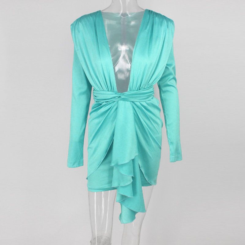 Joyfunear Mini Blue Elegant Dress Women Wrap Party Club Dresses Bandage Deep V Neck Zipper Sexy Autumn Bodycon Dress Feeme 201911