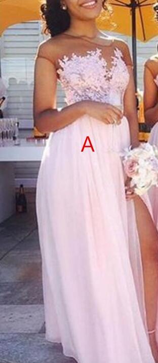 2020 Sexy sheer Jewel neck lace appliques maid of honor dresses split formal evening gowns wear Cheap Country blush pink bridesmaid dresses