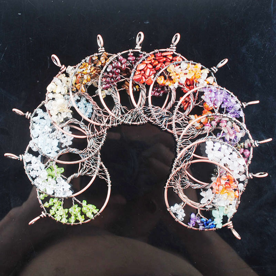 WOJIAER 52mm The Tree Of Life Ancient Copper Pendant Jewelry Natural Crystal Quartz Gem Stone Round BN326