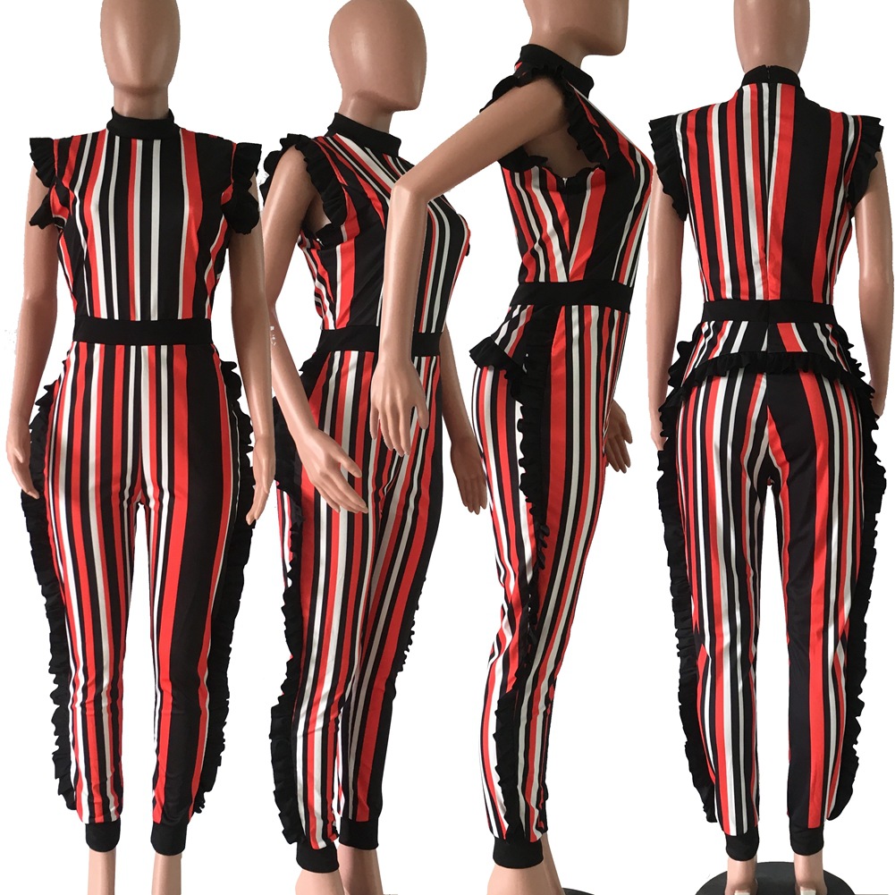 Jumpsuits fashion trend classic striped wooden ear trim Slim collar casual street jumpsuit support mixed batch