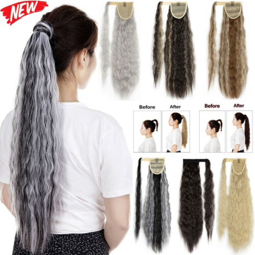 New Wavy/Curly brown grey Wave two tone mixed Ponytail Wrap Ponytail Clip in Hair Extension