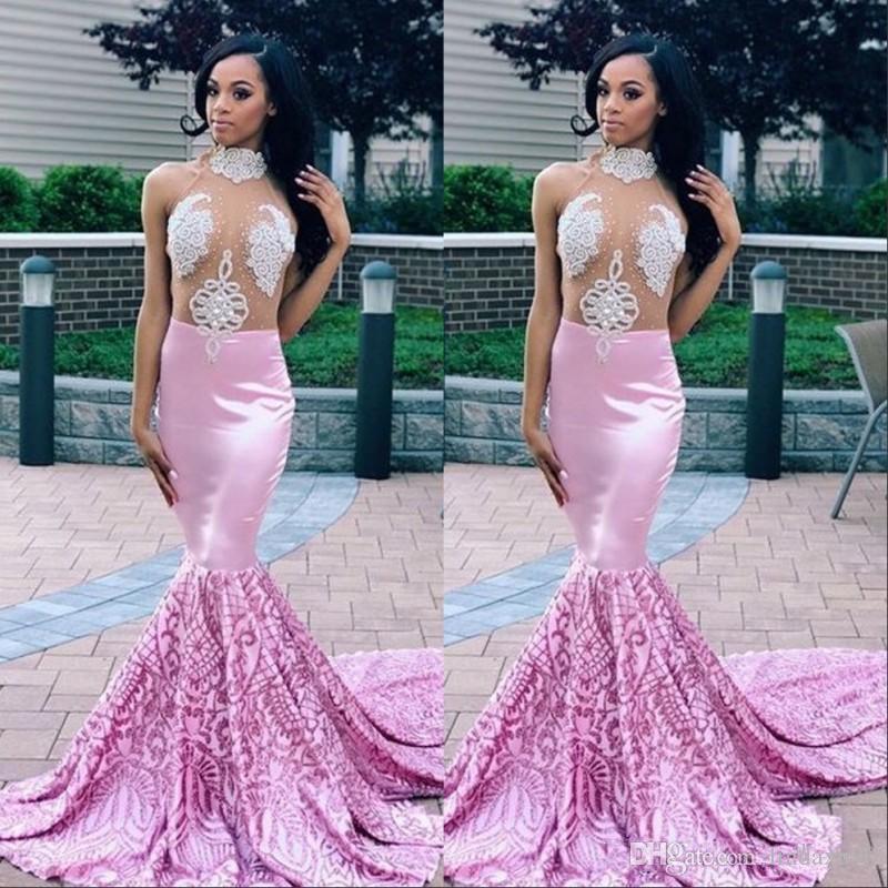 African Light Purple Prom Dresses Long 2019 High Neck Long Sleeves Sequins Beads Evening Gowns Sweep Train Plus Size Mermaid Party Dress