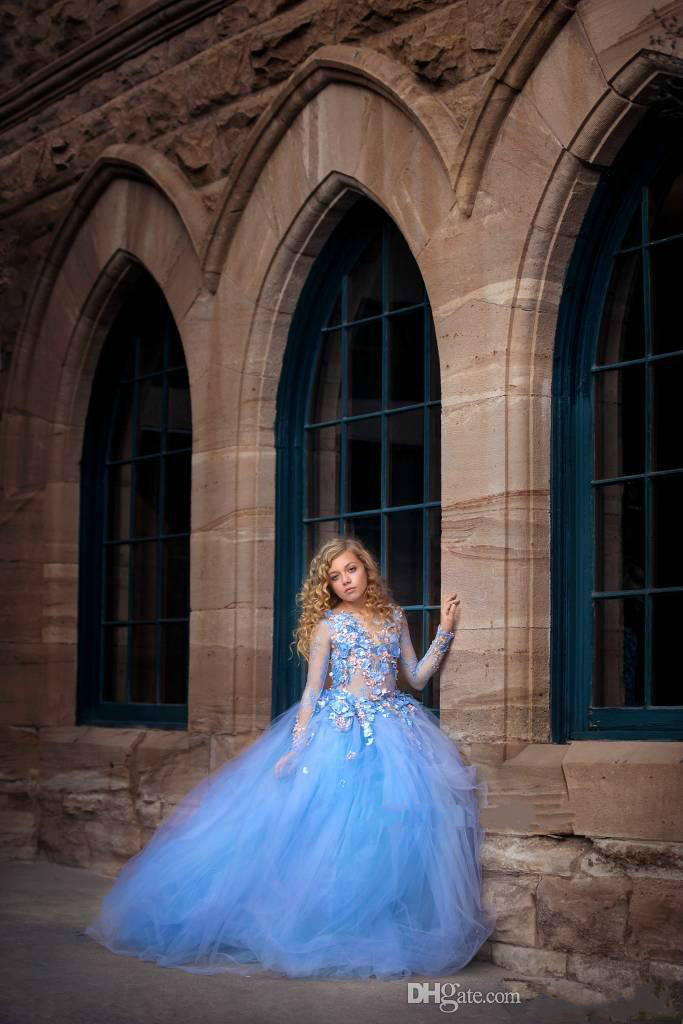 Blue Flower Girl Dresses Sheer Jewel Neck Beaded Appliqued Girl Pageant Gowns Long Sleeves Ruffle Sweep Train Birthday Gowns