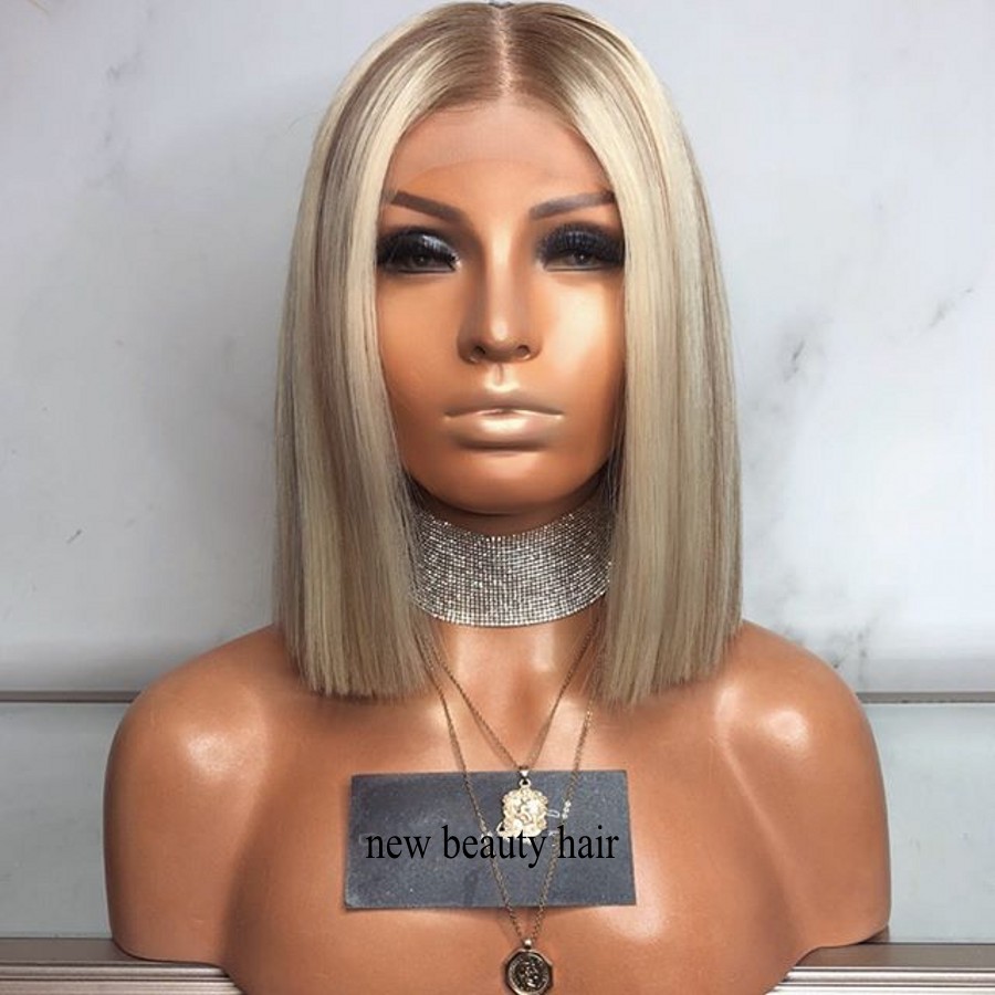 Deep middle part Brown roots ombre blonde Short full Lace Front Wigs synthetic heat resistant Brazilian Hair Bob Wig for white/black women