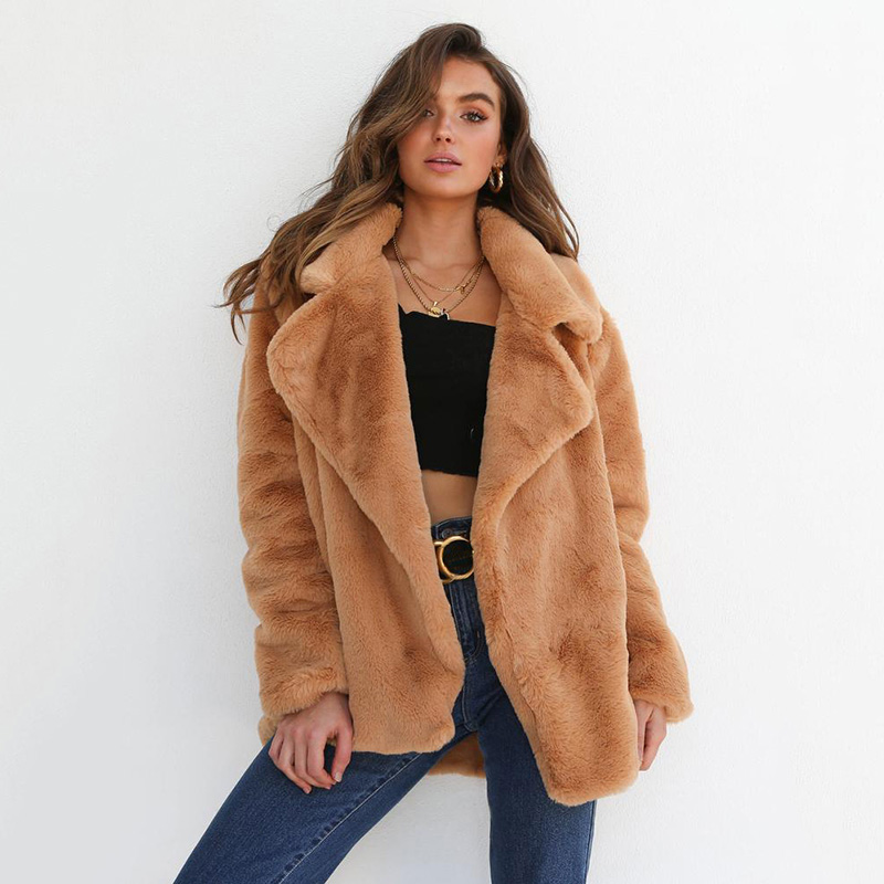 New Autumn Winter Fleece Faux Fur Jacket Coat Fashion Ladies Women Long Sleeve Open Front Turn Down Collar Outerwear 2019