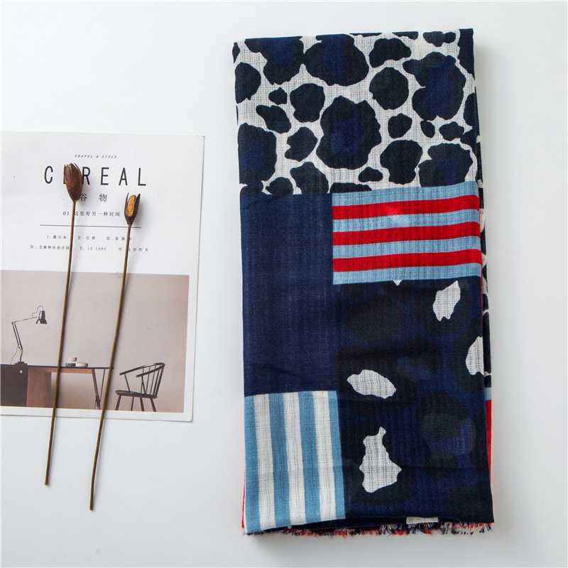 women winter scarf female autumn spring Spain style blue red leopard pattern patchwork scarf silk winter scarf