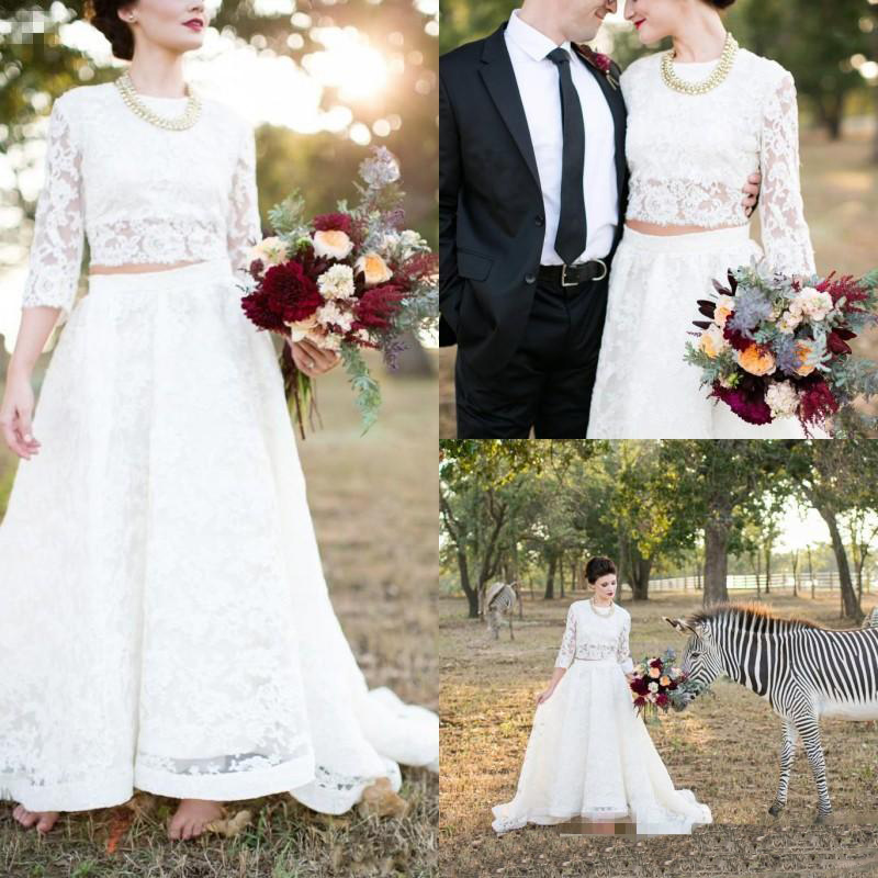 Two Pieces Bohemian Wedding Dresses Vintage A Line Jewel with 3/4 Long Sleeves Country Rustic Lace Boho Beach Bridal Gowns
