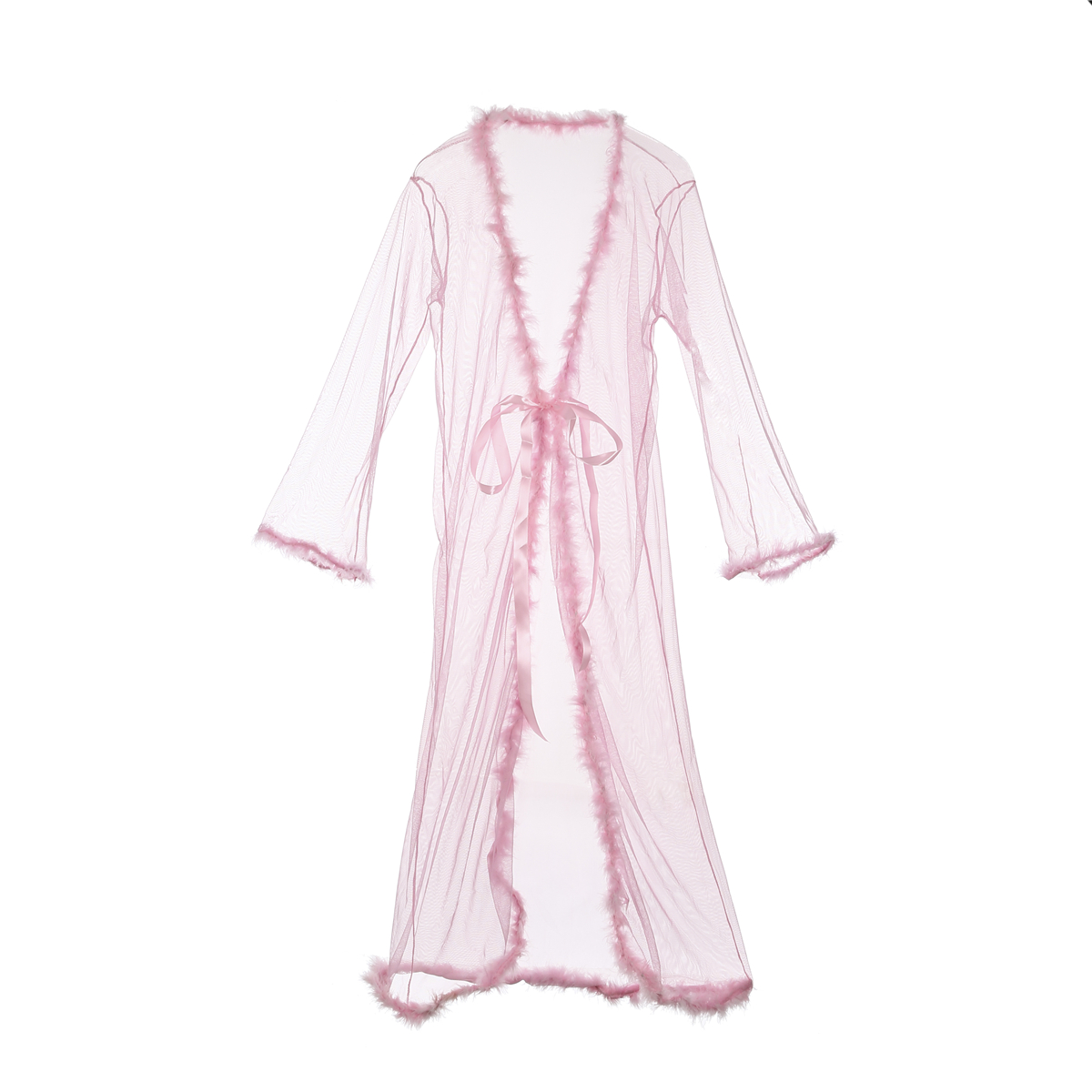 Fashion Long Sleeve Nightgowns Illusion Sleepwear Women Red Lace Robe Sexy Lingerie Chiffon Nightwear Underwear Babydoll Fur Bathrobe