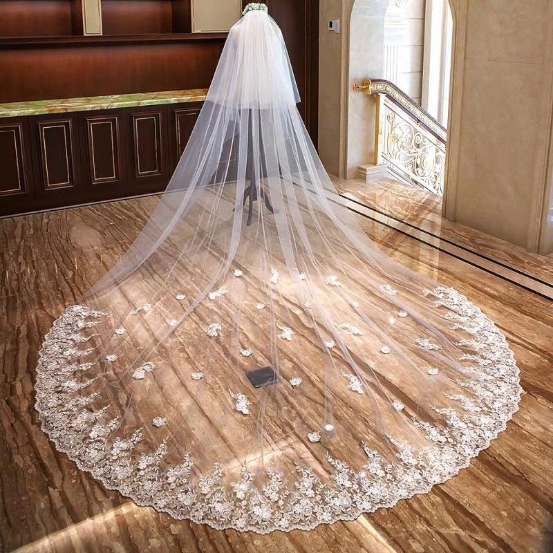 Wedding Bridal Veils 2T Cathedral Length 3m Long 3D Floral Appliqued Lace Bride Veil With Free Comb