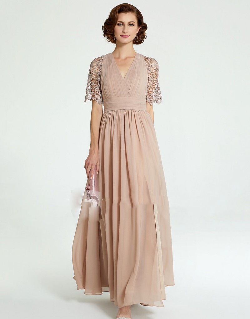 2019 Champagne Mother Of The Bride Dresses Lace Appliqued Short Sleeve Chiffon Custom Made Wedding Guest Dress Plus Size Prom Gowns