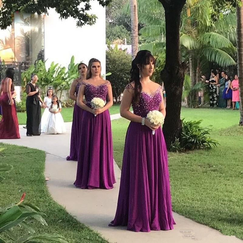 Sparkle Purple Long Bridesmaids 2019 Illusion Back Cap Sleeve A-Line Wedding Guest Dress Floor Length Maid Of Honor Dresses 62 0510