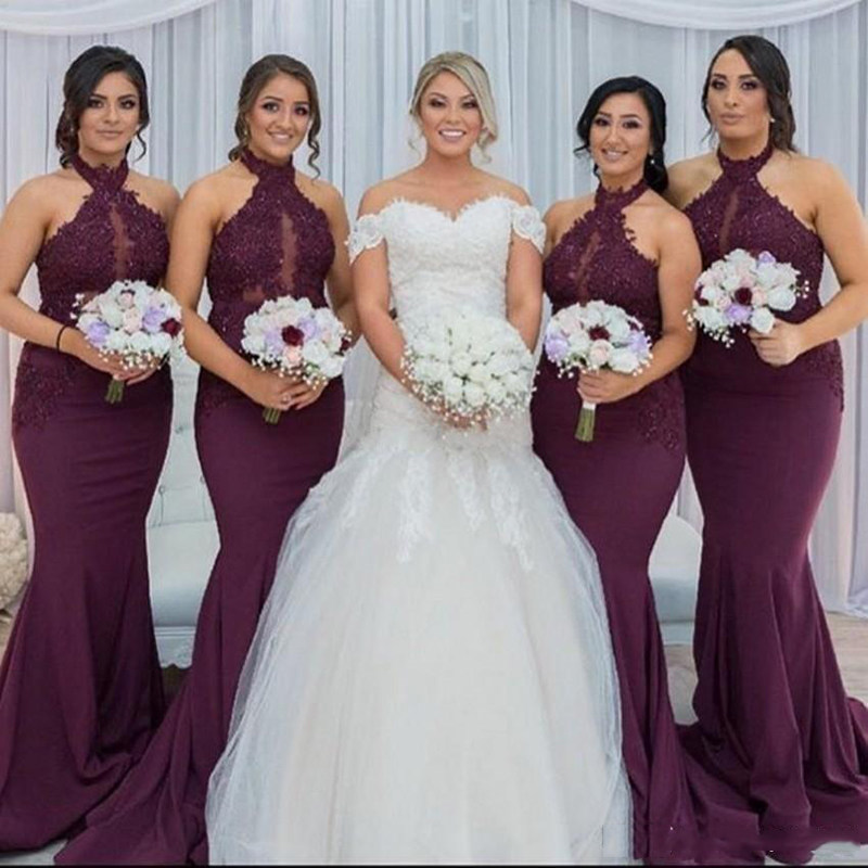 elegant halter sleeveless mermaid bridesmaid dresses top appliques long country wedding guest dress cheap 2019 formal evening gown for women