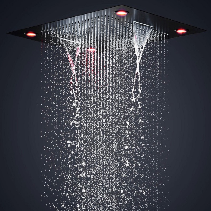 24 Inches Bathroom Black Shower Set Large SUS304 6 Functions Shower Head Systerm Thermostatic Mixer Waterfall Jets Led Ceiling Light