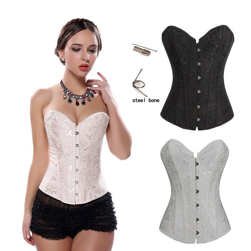 Women Jacquard Steel Boned Overbust White Bridal Corset Back Padded Lingerie Top Body Shaper Strong Lace Up Corselet Black Beige XS-XXL