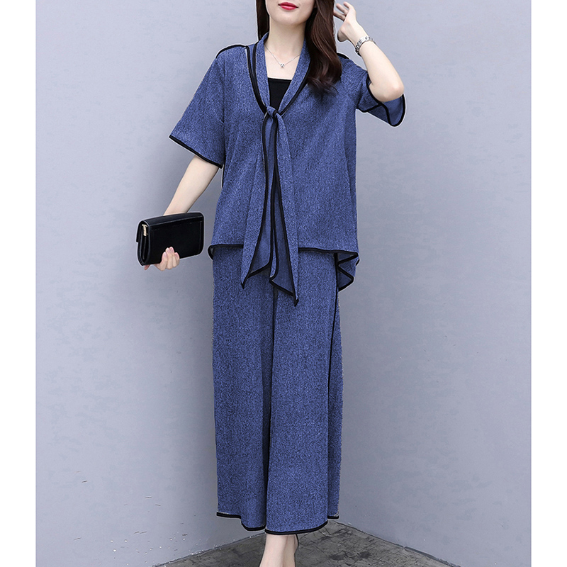 2019 spring summer new large size women's sets chic short-sleeved tops + elastic waist wide leg pants fashion Two-piece set l2, Blue
2019 spring summer new large size women's sets chic short-sleeved tops + elastic waist wide leg pants fashion Two-piece set l2, Blue