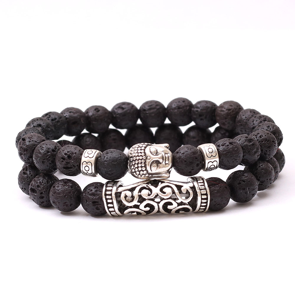 Natural Gemstone Turquoise Volcanic Rocks Tigers's eye Bead Bracelet Men Womens Double Layer Buddha Charms Stackable Bracelet Jewelry