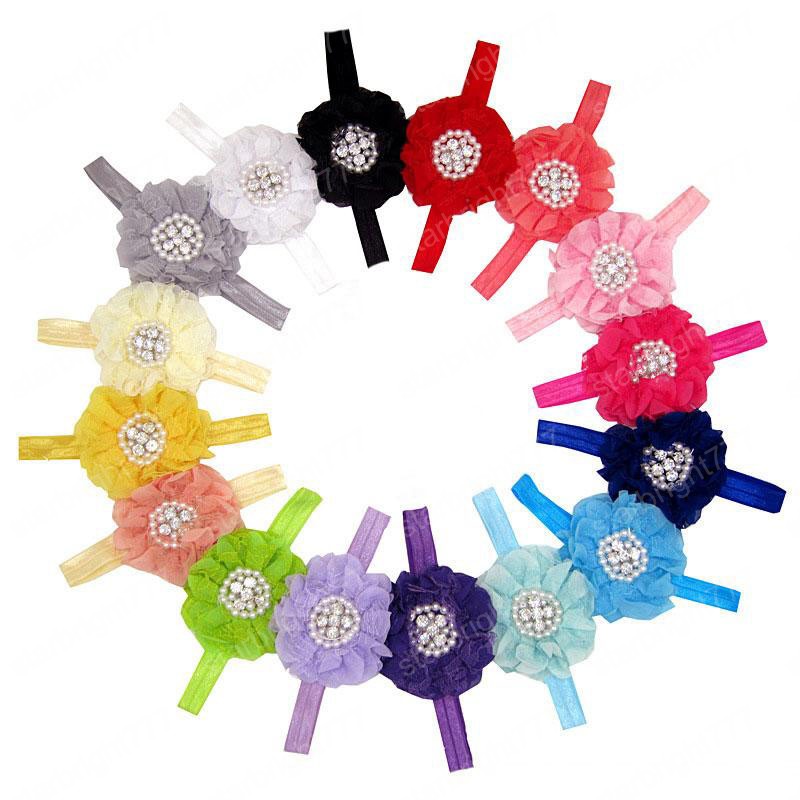 Hot selling Baby Headbands Flower Rhinestone Pearl Rose Children Hairbands Girls Headdress Infant Kids Chiffon Hair Accessories
