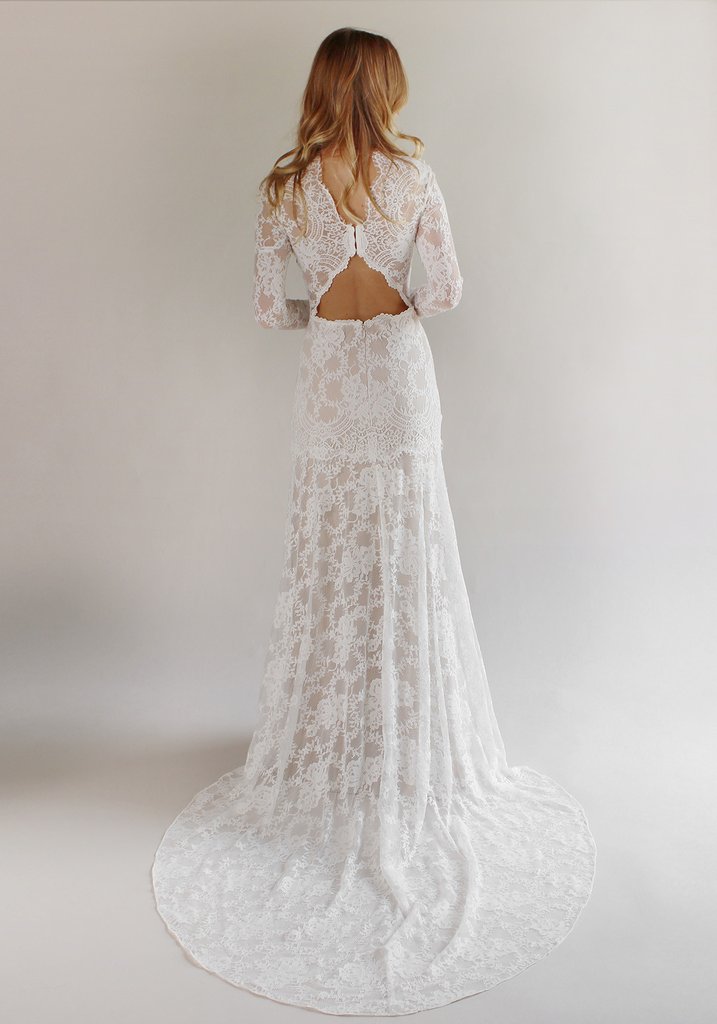 Modest Full Lace Country Wedding Dresses Sheath Jewel Neckline Illusion Long Sleeves Mermaid Open Back Bohemian Garden Bridal Gown Plus Size