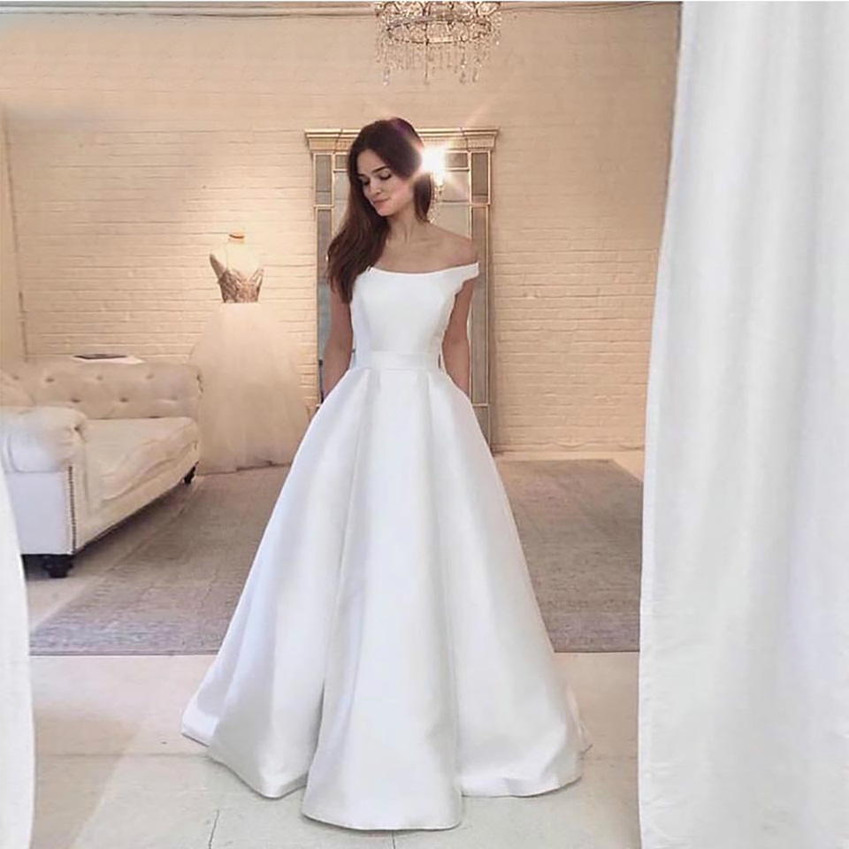 Vintage Boat Neck Evening Dress Princess A-line Vestido De Noiva Simple Satin Full Length Off Shoulder even Gowns Cheap