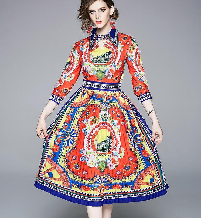 women's dress 2019 new lapel neck hollow lanterns seven-point sleeve printed pleated skirt street style dresses knee-length, Red
women's dress 2019 new lapel neck hollow lanterns seven-point sleeve printed pleated skirt street style dresses knee-length, Red