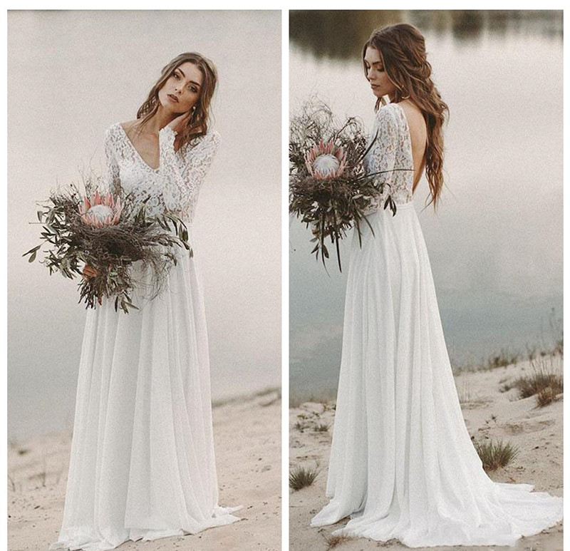 Beach Country Wedding Dresses 2019 A-line Chiffon Lace Top V Neck With Long Sleeves Draped Backless Bridal Gown Illusion Sweep Train 182, Same as image
Beach Country Wedding Dresses 2019 A-line Chiffon Lace Top V Neck With Long Sleeves Draped Backless Bridal Gown Illusion Sweep Train 182, Same as image