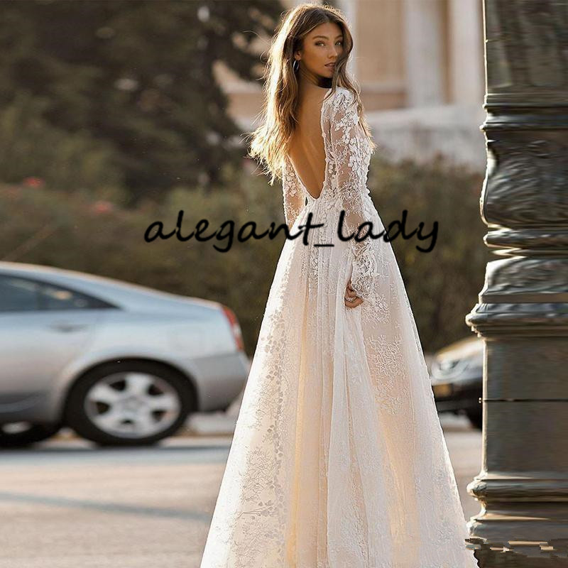 Berta Long Sleeve 2020 Wedding Dresses 3D Floral Full Lace Plus Size V-neck Backless Outdoor Bohemian Garden Country Wedding Gown