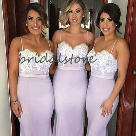 Spaghetti Straps Mermaid Bridesmaids Dresses Lilac Tight Sexy Backless Sweep Train Long Evening Prom Dresses Lace Bridemaid Dresses 2020