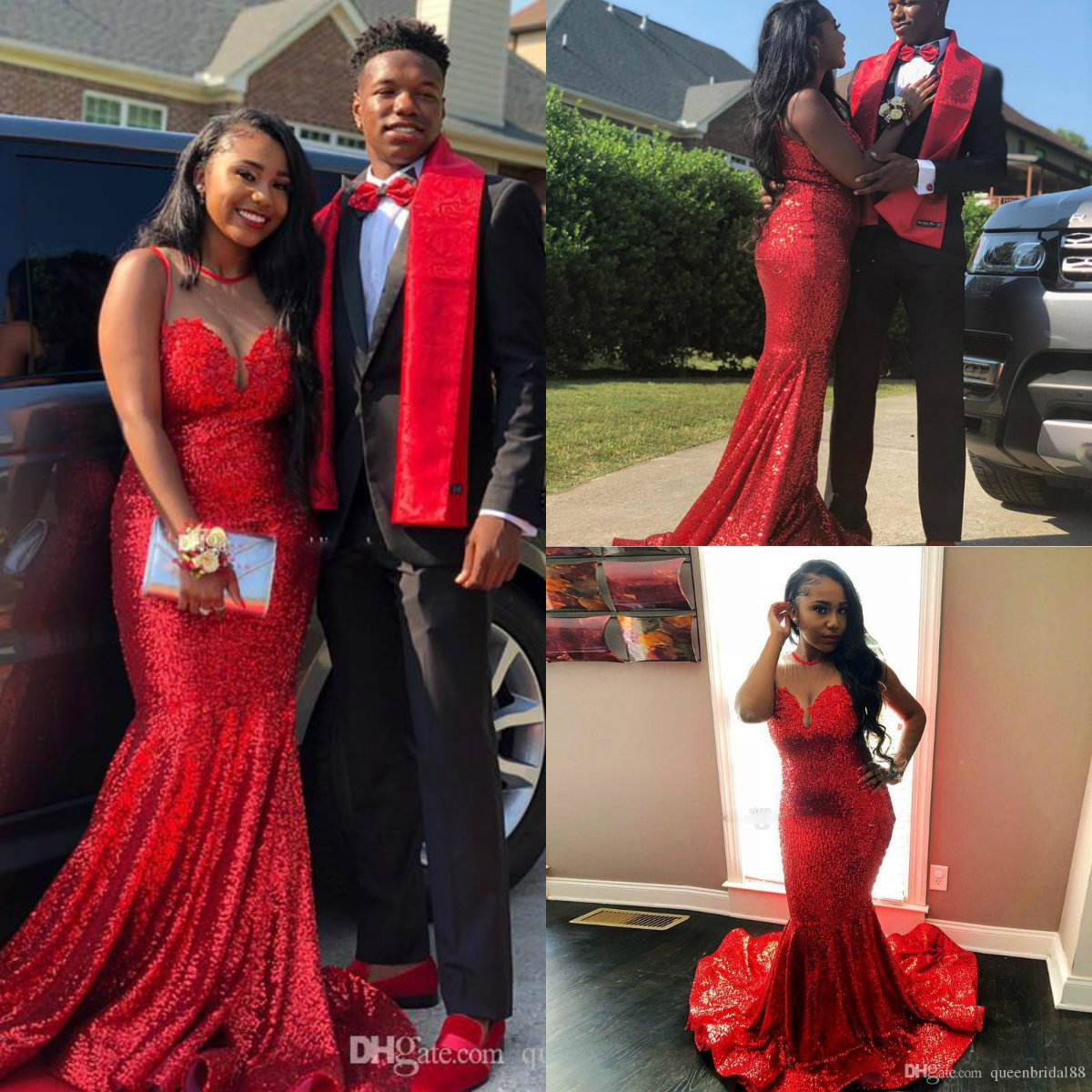 Sparkly Red Sequined Mermaid Prom Dresses African Long Sweep Train Evening Gowns Sheer Jewel Neck Maid of Honor Dress for Bride