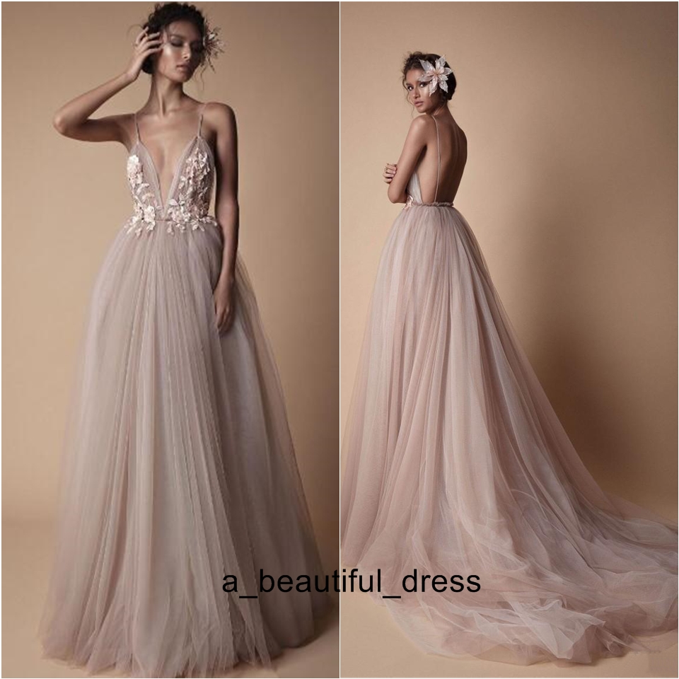 Sexy Berta Dresses Evening Wear Spaghetti Straps Sweep Train Vestidos Open Back Tulle Long Prom Dress Party Gowns ED1233