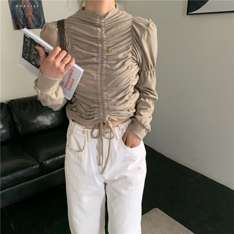 Drawstring Womens Tops And Blouses Long Sleeve Crop Top Designer Ladies Top Korean Fashion Clothing 2020 P011, Black 
Drawstring Womens Tops And Blouses Long Sleeve Crop Top Designer Ladies Top Korean Fashion Clothing 2020 P011, Black