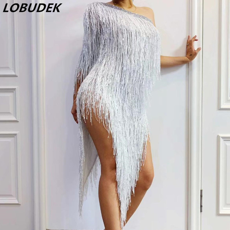 White Tassel Single Shoulder Crystal Dress Birthday Celebration Prom Party Irregular Dress Women Latin Dance Fringe Costume Sexy Bar Show Performance Clothes
White Tassel Single Shoulder Crystal Dress Birthday Celebration Prom Party Irregular Dress Women Latin Dance Fringe Costume Sexy Bar Show Performance Clothes