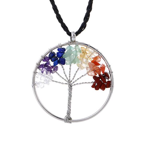 New Women Rainbow 7 Chakra Amethyst Tree Of Life Quartz Chips Pendant Necklace Multicolor Wisdom Tree Natural Stone Necklace WL1244