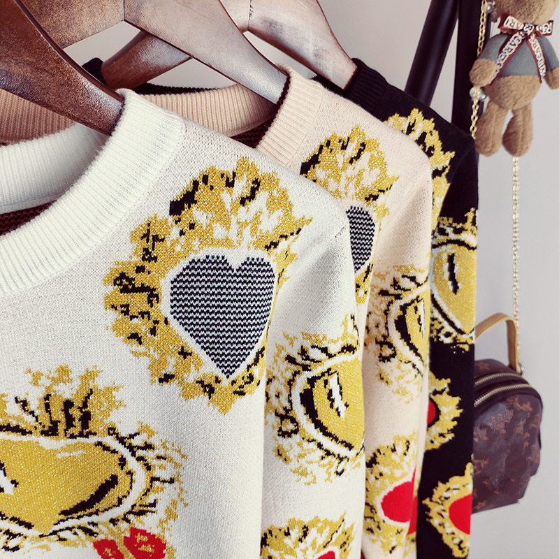 2019 Autumn Sweater Women Winter Heart Pattern Printed Knitwear Pullover Loose Jumper Vintag Warm Office Lady Knitted Sweater V191130