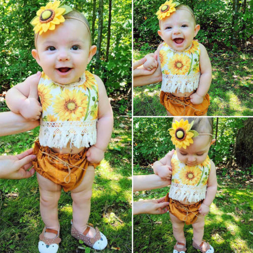 Sleeveless Summer Cute Sunflower Girl Clothing Tassel Backless Top Dot Short Outfits 2PCs Newborn Baby Girls Clothes Set