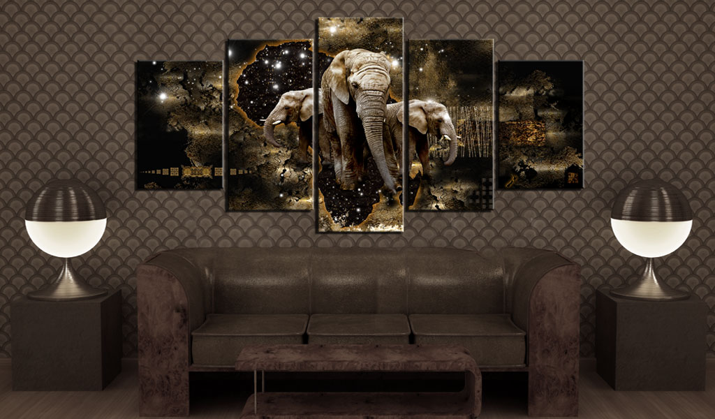 5 Pieces Fashion Wall Art Canvas Painting Abstract Golden Texture Animal Lion Elephant Rhinoceros Modern Home Decoration,Choose Color:3 And