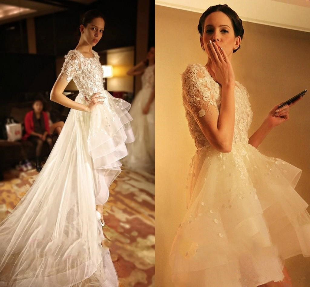 Summer Tiered High Low Wedding Dresses with Applique Short Sleeves Long Sweep Tulle Bridal Wedding Party Gowns, Champagne
Summer Tiered High Low Wedding Dresses with Applique Short Sleeves Long Sweep Tulle Bridal Wedding Party Gowns, Champagne
