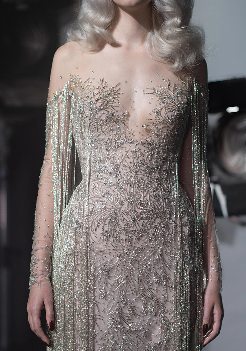 2020 Modest Paolo Sebastian Jewel Long Sleeve Mermaid Evening Dresses Lace Applique Tassel Crystal Formal Dresses Floor Length Party Gown