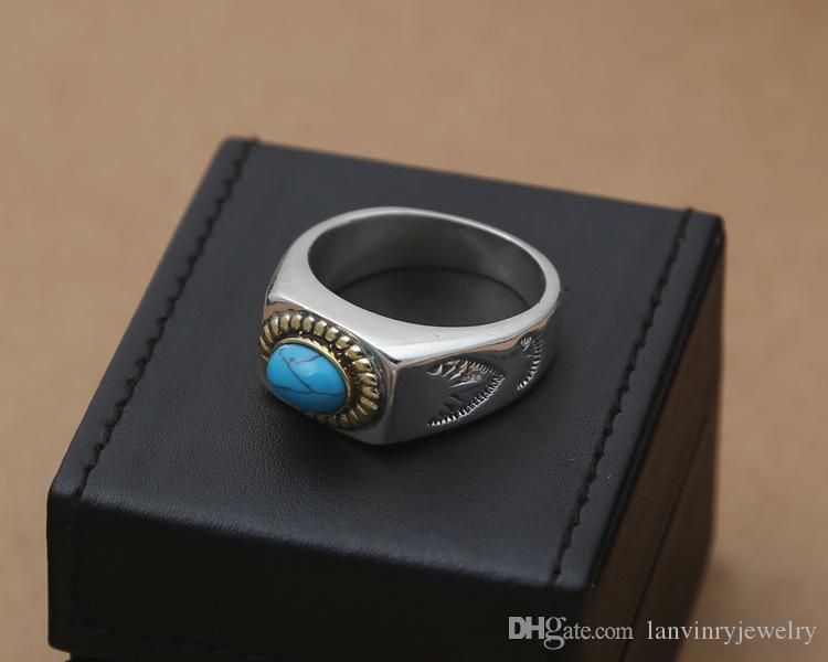 Brand New 925 sterling silver fashion jewelry vintage American European style designer mens rings with semi precious turq stone gift