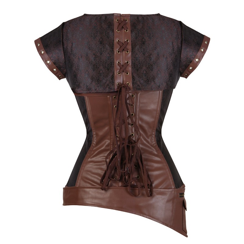 4pcs Set Women Medieval Steampunk Gothic Jacquard Overbust Corset Top with Bolero Jacket PU Leather Belt and Thong Costume S-6XL Plus Size
