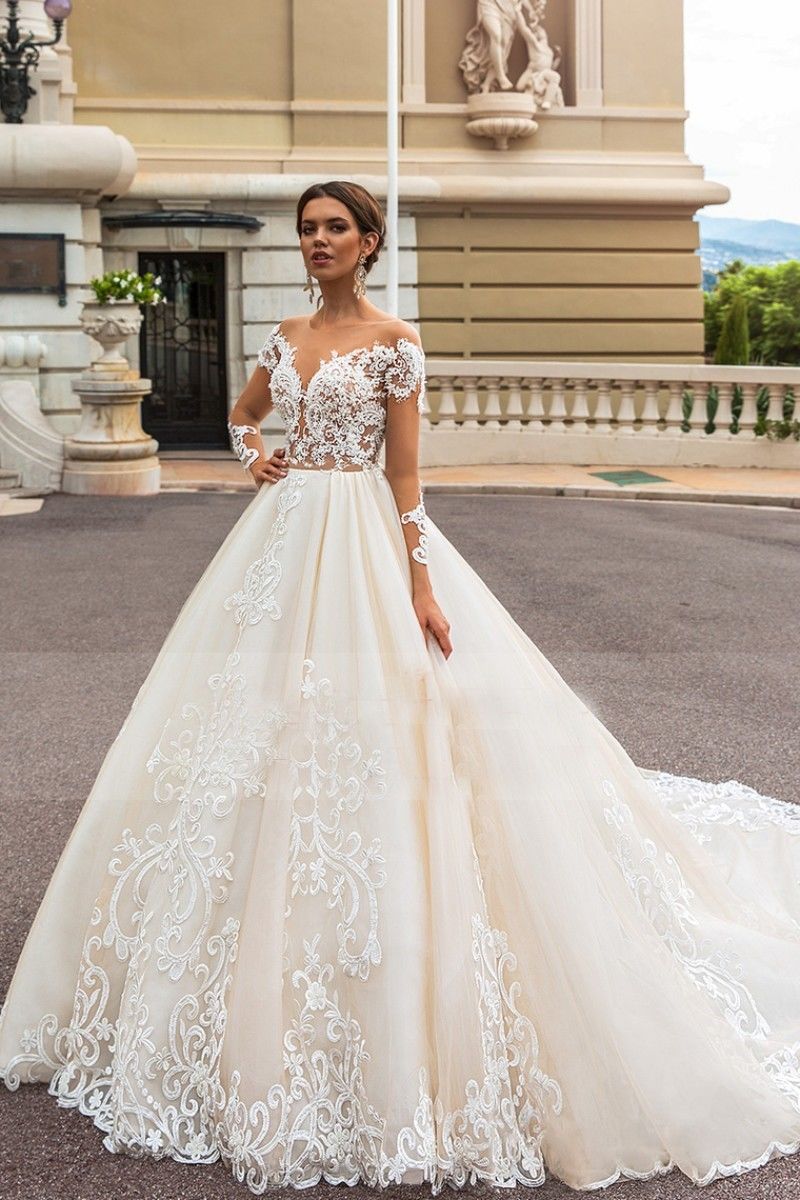 naviblue wedding dresses long sleeve lace appliques hollow sweep train chapel bridal gowns plus size beach vestido de novia