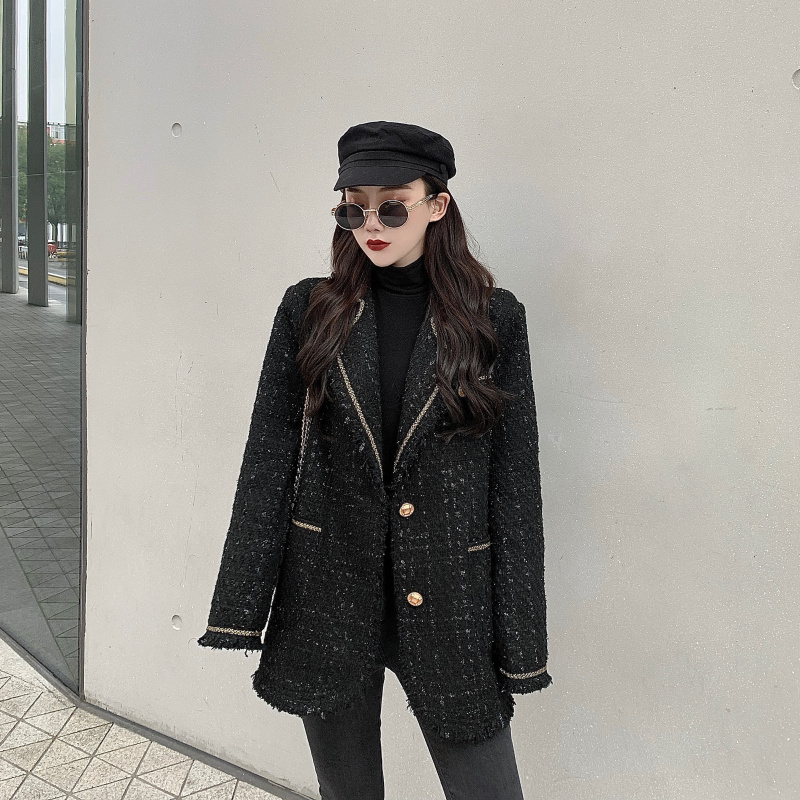 Small Fragrance Wind Tweed Suit Collar Woolen Coat Female 2019 Autumn Winter New Loose Pocket Long-sleeved Foreign woolen Coat, Black
Small Fragrance Wind Tweed Suit Collar Woolen Coat Female 2019 Autumn Winter New Loose Pocket Long-sleeved Foreign woolen Coat, Black
