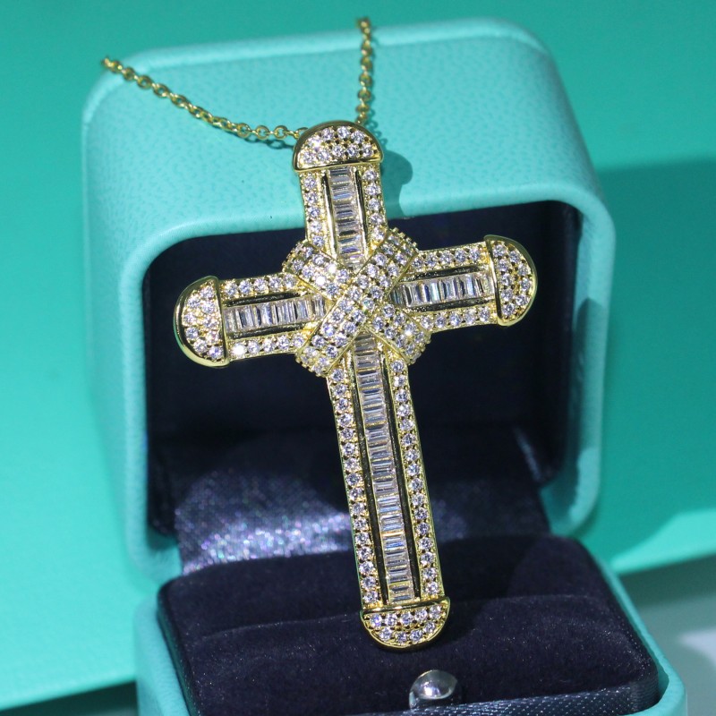 New Sparkling Handmade Fine Jewelry 925 Sterling Silver&Gold Fill Large Small Cross Pendant Christianity Party Clavicle Women Necklace
