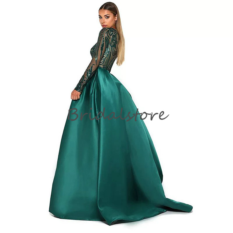 New Green Sequin Mermaid Prom Dresses With Detachable Train Long Sleeve African Formal Evening Party Gowns Elegant Robes De Soirée 2020