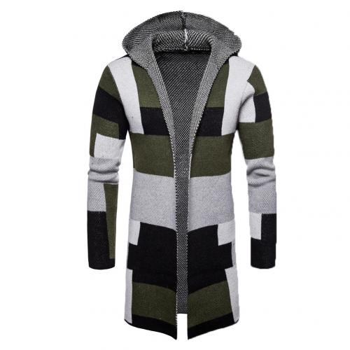 Men's Jackets Men Fashion Hooded Knit Cardigan Sweater Coat Long Sleeve Color Blocks Overcoat For