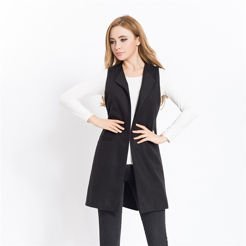 Wholesale-Women Autumn Spring Wool Blend Vest Waistcoat Lady Office Wear Long Waistcoat Women Coat Casual Sleeveless Vest Jacket Plus Size
