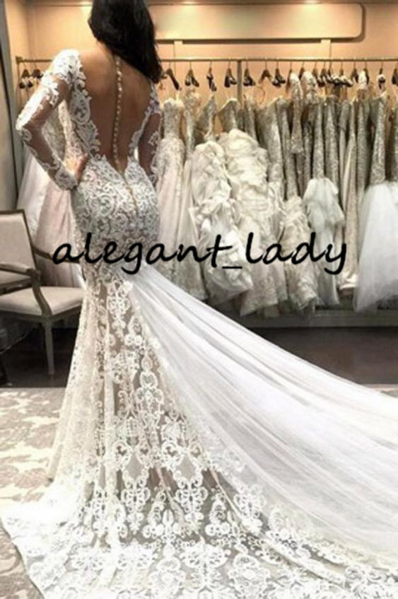 Illusion Long Sleeve Wedding Dresses 2020 Berta Lace Applique Covered Buttons Chapel Train Countryside Garden Bride Reception Dress